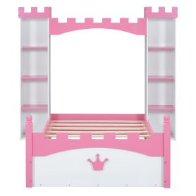 Castle-Shaped Twin Wooden Bed with Storage Shelf