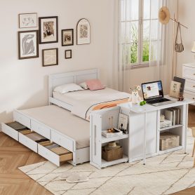 Twin Size Multifunctional Wood Platform Bed With Desk and Storage Shelf At The End Of The Bed, Built-in Trundle and 3 Drawers