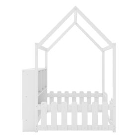 Wood Twin Size House Bed With LED Light, Storage Bookshelf, and Guardrails