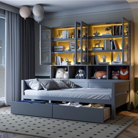 Twin Size Wooden Daybed With Glass-door Storage Cabinets, Built-in LED Lighting And Shelves