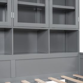 Twin Size Wooden Daybed With Glass-door Storage Cabinets, Built-in LED Lighting And Shelves