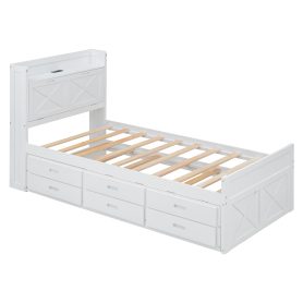 Twin Size Wooden Bed With Storage Headboard With Outlets, Twin Size Trundle With Three Storage Drawers