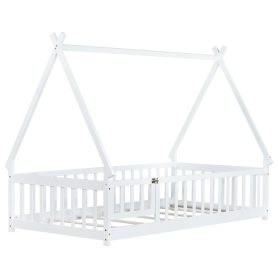 Twin Tent-shaped Floor Bed, Teepee Bed with Guardrails, Slats and Door