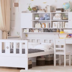 Twin Size Multifunctional Wood Platform Bed With Bookshelf At The Head Of The Bed, Built-in Desk and Matching Chair
