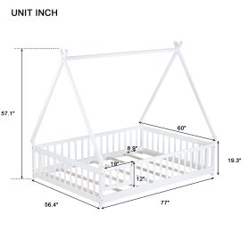 Full Size Rubber Wood Tent-shaped Floor Bed with Guardrails, Slats And Door