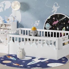 Full Montessori Floor Bed Frame With High Rails, Light And Storage Shelf