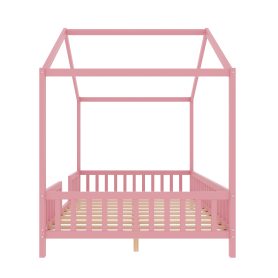 Full Size Montessori Floor Bed With Canopy and High Railings