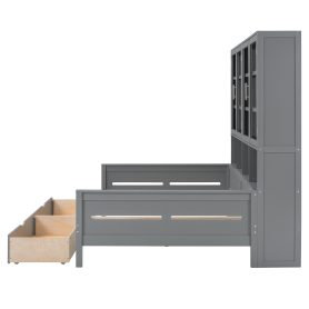 Full Size Wooden Daybed with Glass-Door Storage Cabinets, Built-in LED Lighting and Shelves