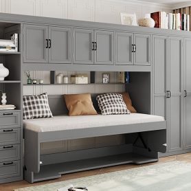 Twin Size Murphy Bed Wall Bed with Wardrobe, Cabinet and Desk