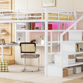 Metal Full Size Loft Bed With LED Light, Charge Station, Desk And Staircase