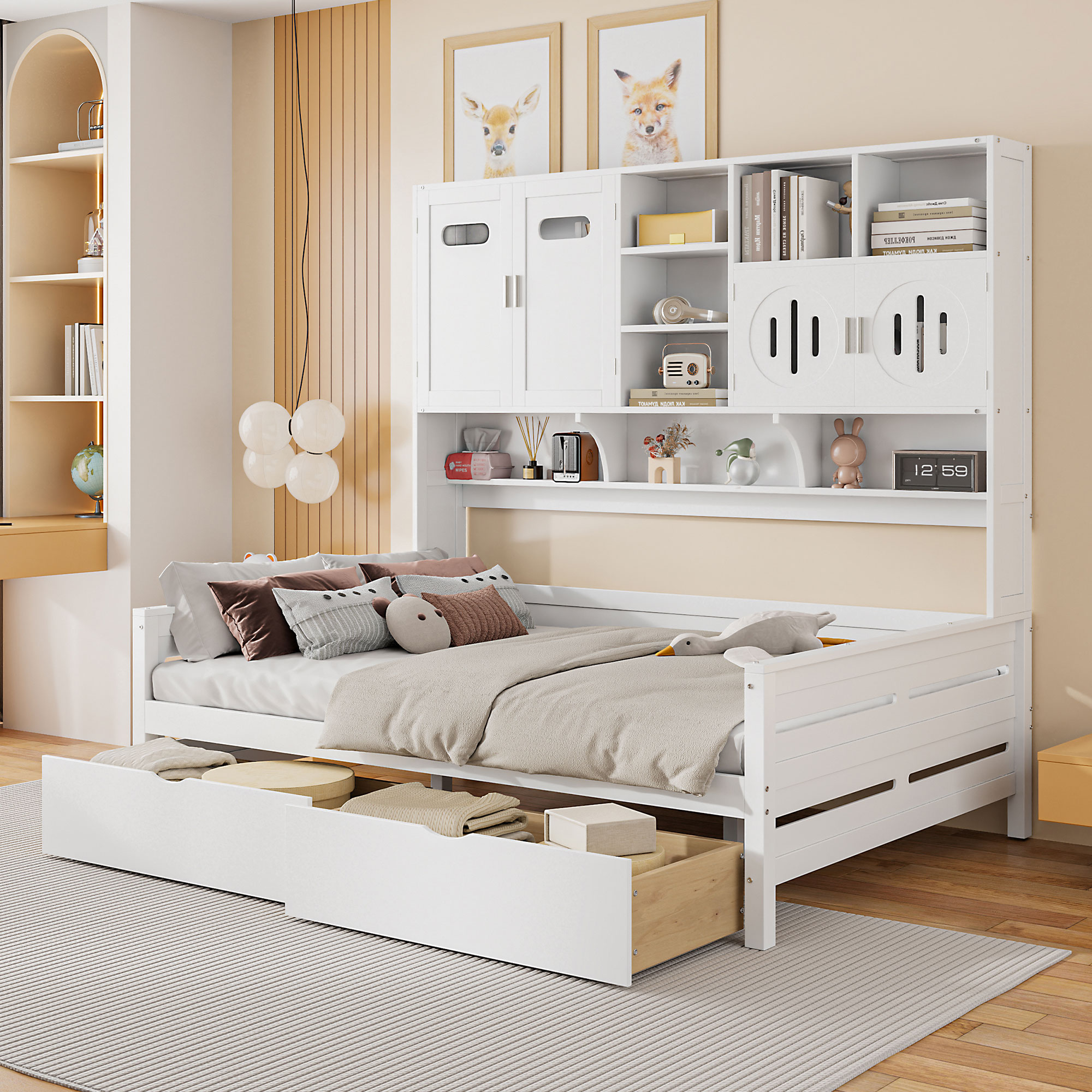 Full Size Wooden Daybed With 2 Drawers, and All-in-One Cabinet and Shelf