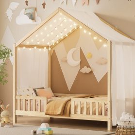 Twin Size Montessori Floor Bed With Canopy and High Railings