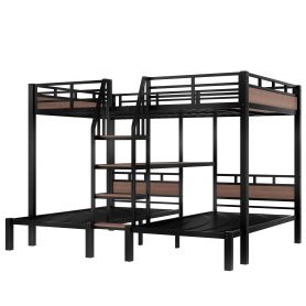 Metal Queen Over Twin Over Twin Bunk Bed With Storage Shelves And Storage Stairs