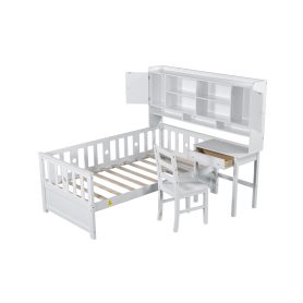 Twin Size Multifunctional Wood Platform Bed With Bookshelf At The Head Of The Bed, Built-in Desk and Matching Chair