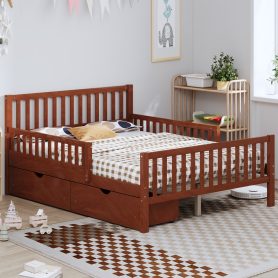Full Size Wood Platform Bed With Guardrails On Both Sides and Two Storage Drawers