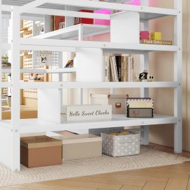 Metal Full Size Loft Bed With LED Light, Charge Station, Desk And Staircase