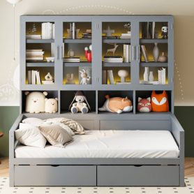 Twin Size Wooden Daybed With Glass-door Storage Cabinets, Built-in LED Lighting And Shelves