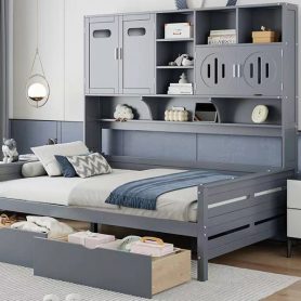 Full Size Wooden Daybed With 2 Drawers, and All-in-One Cabinet and Shelf