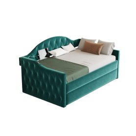 Twin Size Tufted Upholstered Daybed With Trundle, USB & Type-c Charging Ports