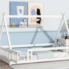 Twin Tent-shaped Floor Bed, Teepee Bed with Guardrails, Slats and Door