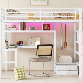 Metal Full Size Loft Bed With LED Light, Charge Station, Desk And Staircase