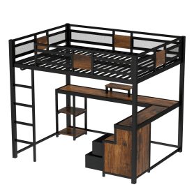 Metal Queen Loft Bed With Desk, Storage Non-woven Fabric Drawers, Ladders
