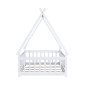 Twin Tent-shaped Floor Bed, Teepee Bed with Guardrails, Slats and Door