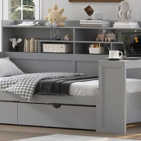 Wooden Twin Size Daybed With Storage Shelves, Two Storage Drawers  and  Study Desk