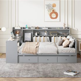 Full Size Wooden Daybed With 3 Drawers, USB Ports and Desk