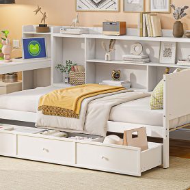 Twin Size Wooden Daybed With 3 Drawers, USB Ports And Desk