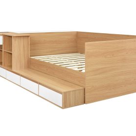 Full Size Wooden Platform Bed With 6 Drawers, Shelves And Dressing Table
