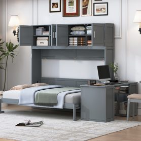 Queen Size Wall Murphy Bed With Desk And Storage Shelves And Big Cabinets