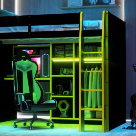 Full Size Wood Loft Bed with Desk, Open Wardrobe, Storage Compartments and RGB Lights