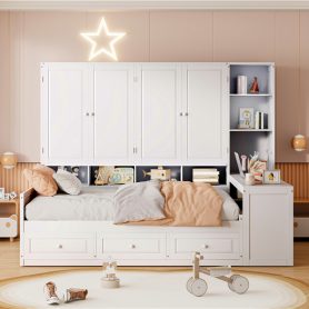 Full Size Wooden Daybed With Three Drawers, and All-in-One Cabinet, Desk and Shelves