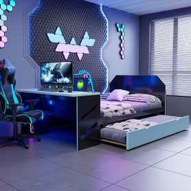 Full Size Wood Daybed with Twin Size Trundle, Desk and USB