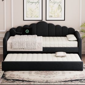 Twin Size Upholstered Daybed With Trundle , USB Charging Ports