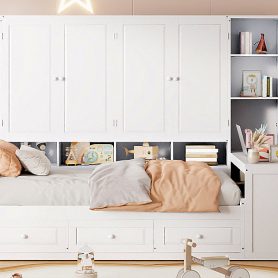 Full Size Wooden Daybed With Three Drawers, and All-in-One Cabinet, Desk and Shelves