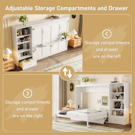 Queen Murphy Bed with Height Adjustable Storage Compartments and Shelf