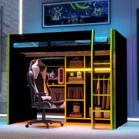 Full Size Wood Loft Bed with Desk, Open Wardrobe, Storage Compartments and RGB Lights
