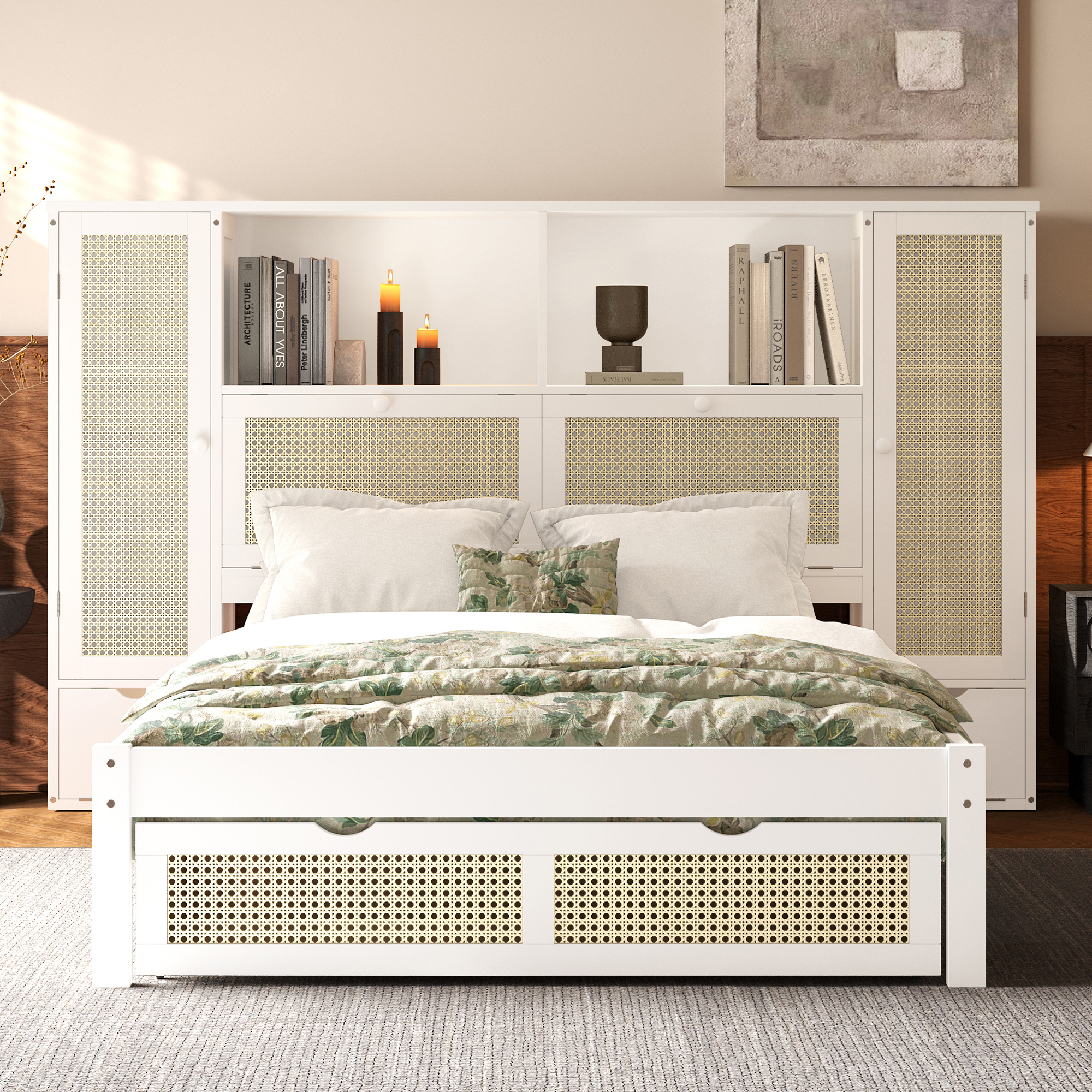 Twin Size Wooden Bed with Two Storage Lockers, Drawer, and Storage Shelf on Headboard