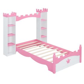 Castle-Shaped Twin Wooden Bed with Storage Shelf