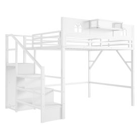 Metal Queen Loft Bed With High And House Shaped Guardrails