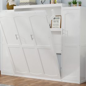 Queen Size Murphy Bed with 2 Wardrobe and Storage Shelf,