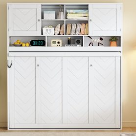 Queen Size Wall Murphy Bed With Ample Storage Space And Chevron Stripes