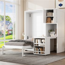 Twin Size Rotating Wall Murphy Beds with Bookshelf, Top Cabinet, Extendable Desk & Side Storage