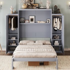Queen Size Murphy Bed with 2 Wardrobe and Storage Shelf,