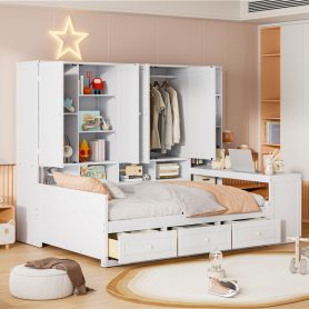 Full Size Wooden Daybed With Three Drawers, and All-in-One Cabinet, Desk and Shelves