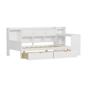 Wooden L-Shape Daybed with Seven Storage Cabinets and Two Storage Drawers