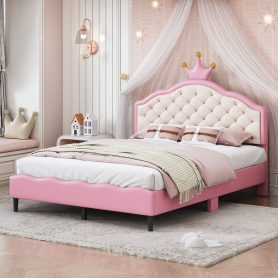 Full Size Lovely Crown Fantasy PU Leather Princess Bed With Tufted Headboard