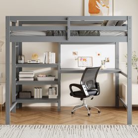 Twin Size Wooden Loft Bed with Shelves, Desk and Writing Board